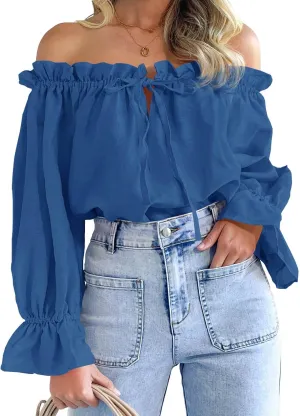 Imily Bela Womens Off The Shoulder Tops Puff Long Sleeve Tie Front Loose Fit Ruffle Shirts Blouses