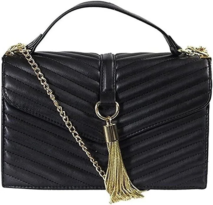 INC Womens Yvvon Faux Leather Tassel Crossbody Handbag Black Small