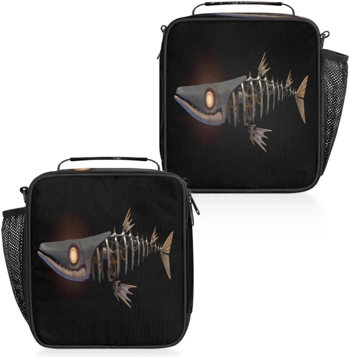 Insulated Lunch Bag Reusable Waterproofing Steampunk Fish Art Lunch Box with Shoulder Strap Handle and Water Bottle Net Bag for Travel Camping Beach Picnic