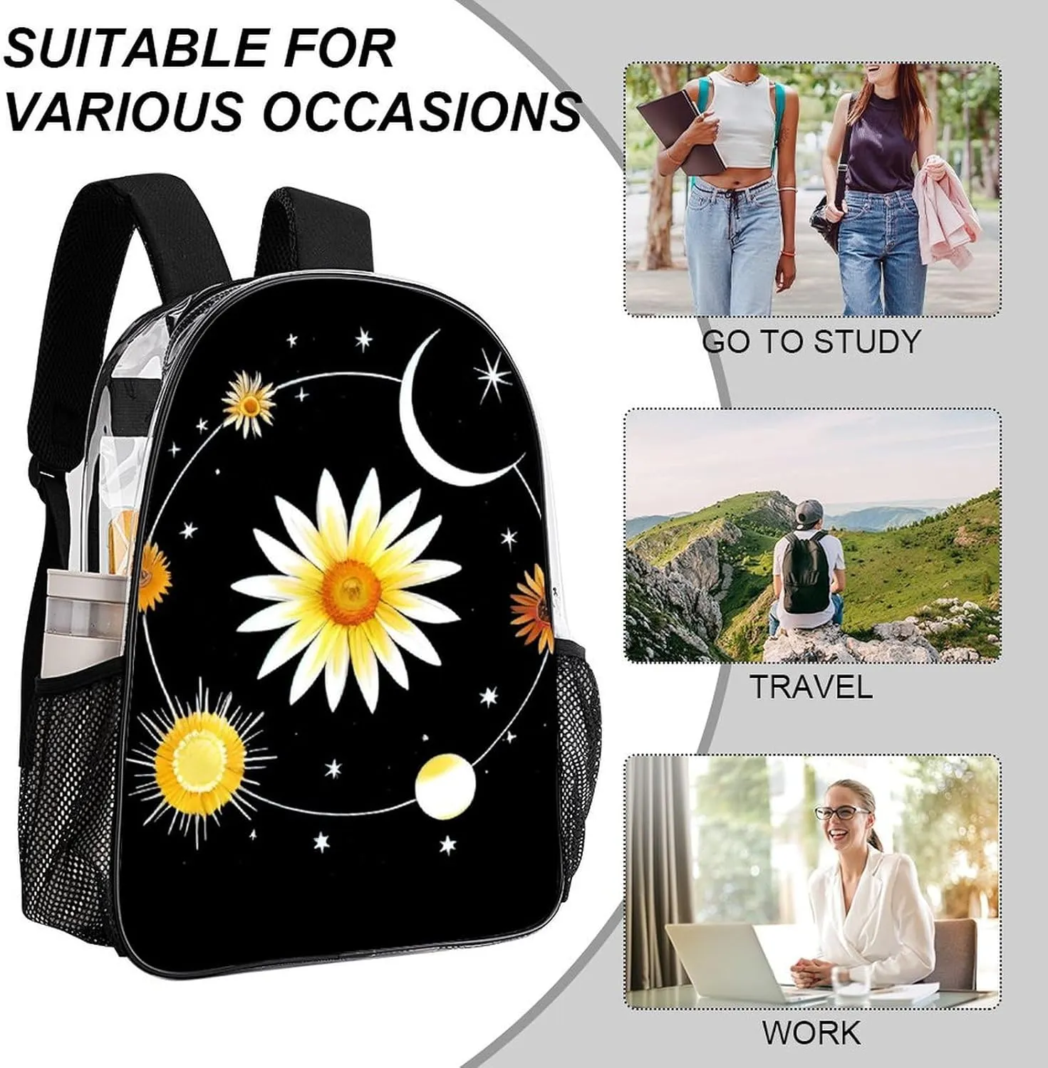 Interstellar Orbit Sun Flower Art Daypack Transparent Anti-Theft Multipurpose Bookbag Big Capacity Gym Outdoor Hiking Backpack With Adjustable Shoulder Straps