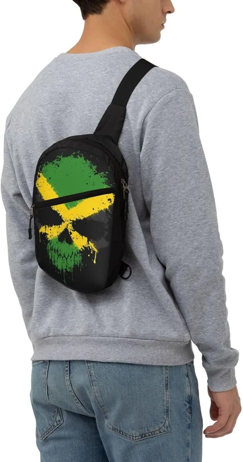 Jamaican Flag Skull Portable Crossbody Bag Foldable Sling Bags Sports Gym Chest Daypack Reusable Shoulder Backpack Casual Diagonally Rucksack Fanny Packs