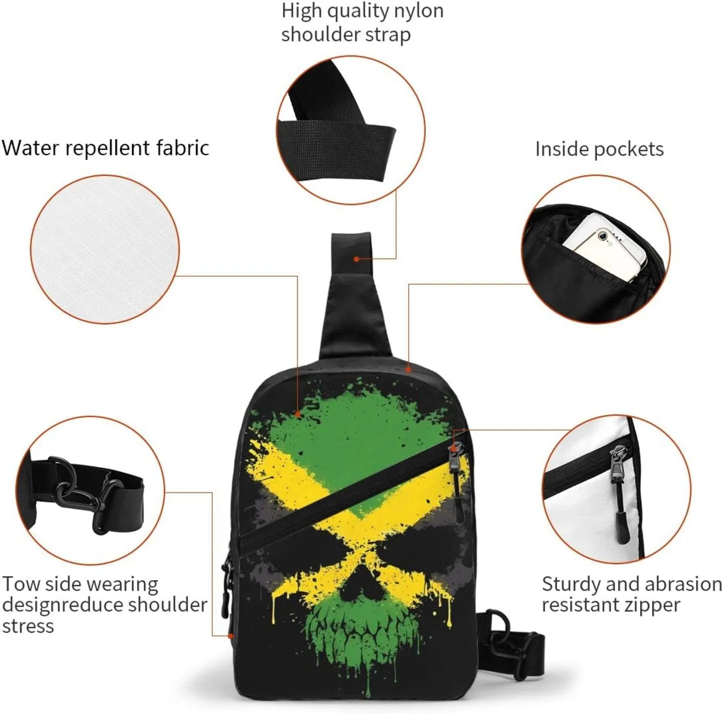 Jamaican Flag Skull Portable Crossbody Bag Foldable Sling Bags Sports Gym Chest Daypack Reusable Shoulder Backpack Casual Diagonally Rucksack Fanny Packs
