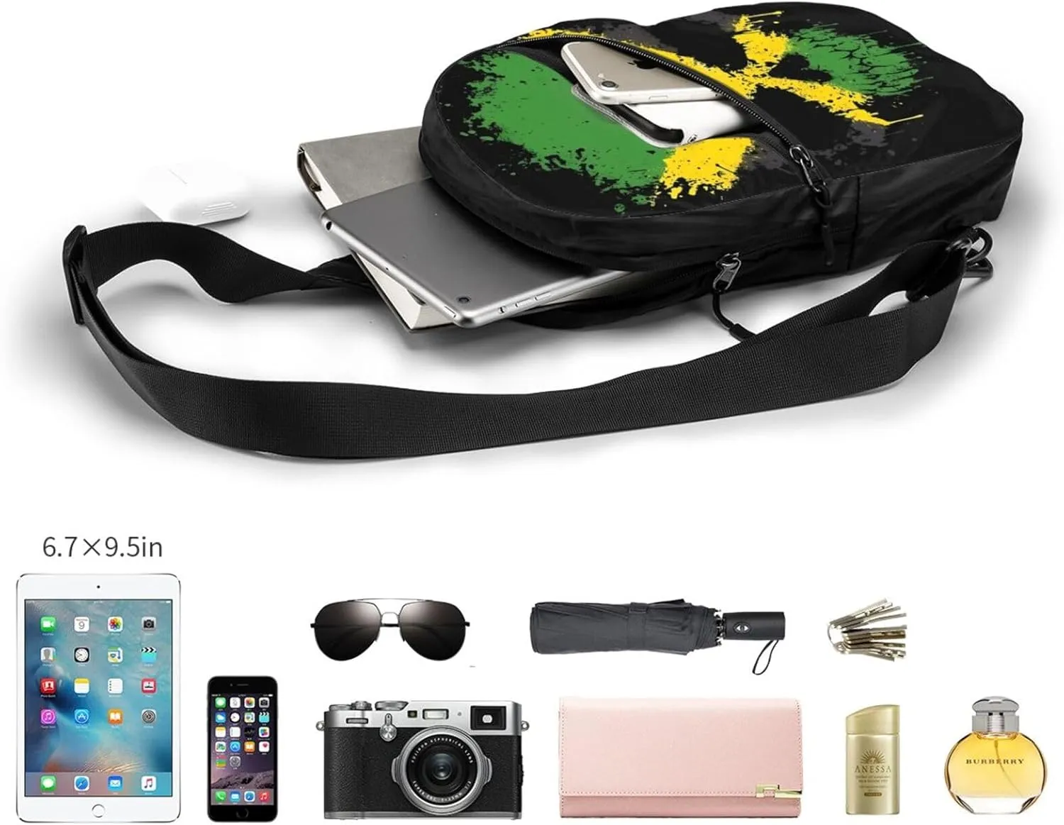 Jamaican Flag Skull Portable Crossbody Bag Foldable Sling Bags Sports Gym Chest Daypack Reusable Shoulder Backpack Casual Diagonally Rucksack Fanny Packs
