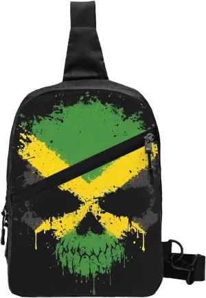 Jamaican Flag Skull Portable Crossbody Bag Foldable Sling Bags Sports Gym Chest Daypack Reusable Shoulder Backpack Casual Diagonally Rucksack Fanny Packs