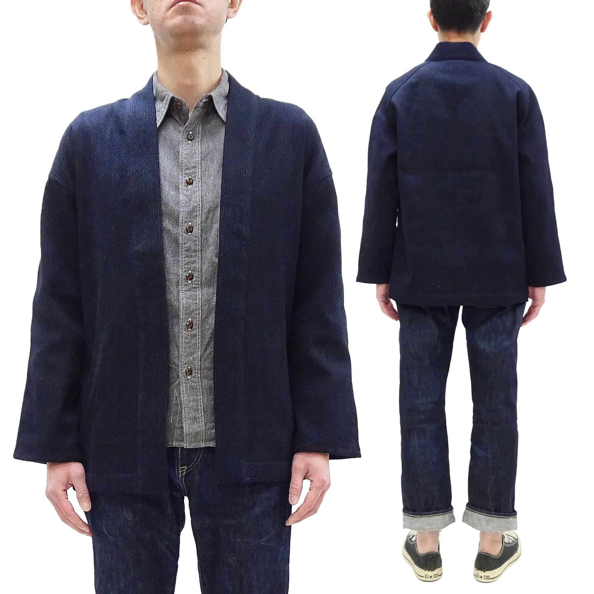 Japan Blue Jeans Indigo Sashiko Jacket Men's Casual Japanese Kimono-Style Haori Lightweight Layering Outerwear JBOT1305 One-Wash One-Size-Fits-Most For Men