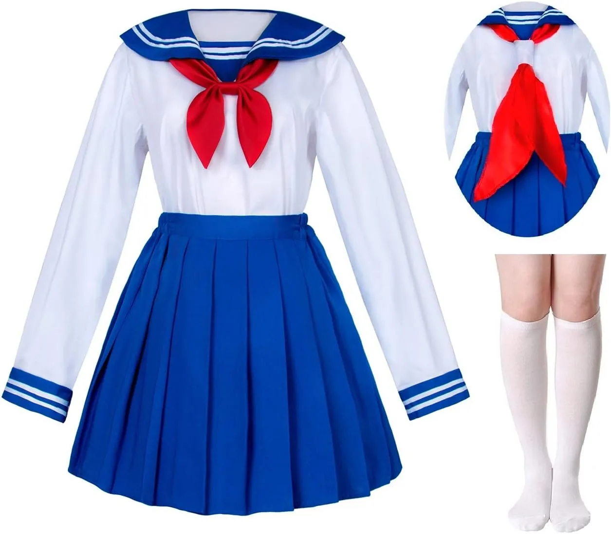 Japanese School Girls Uniform Sailor Navy Blue Pleated Skirt Anime Cosplay Costumes with Socks Set(SSF13)