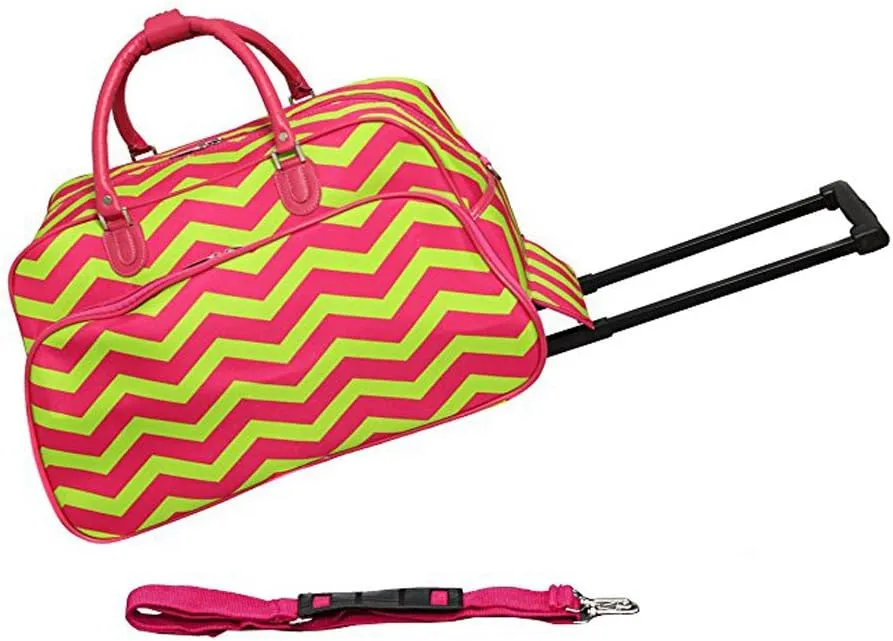 JChronicles 21 inch Carry On/Rolling Duffle Bag (Damask-BK trim) (Chevron-Fu/Lime)