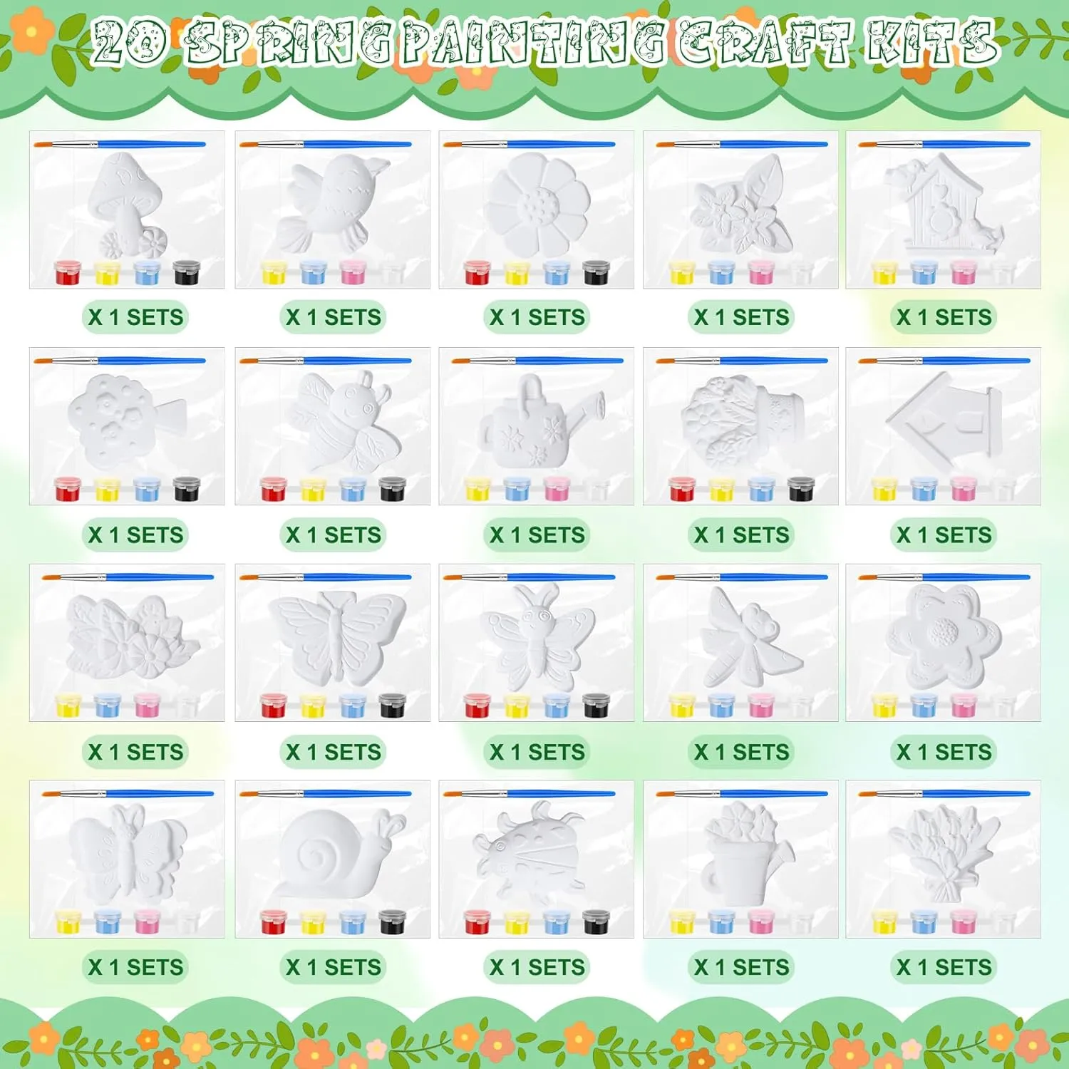 JellyArch 20 Set Spring DIY Painting Kit Ceramic to Paint Your Own Flowers Bee Snail Bird Butterfly Statues Unpainted Plaster Figurines Brushes Acrylic Paints Bags Party Favor for Adults