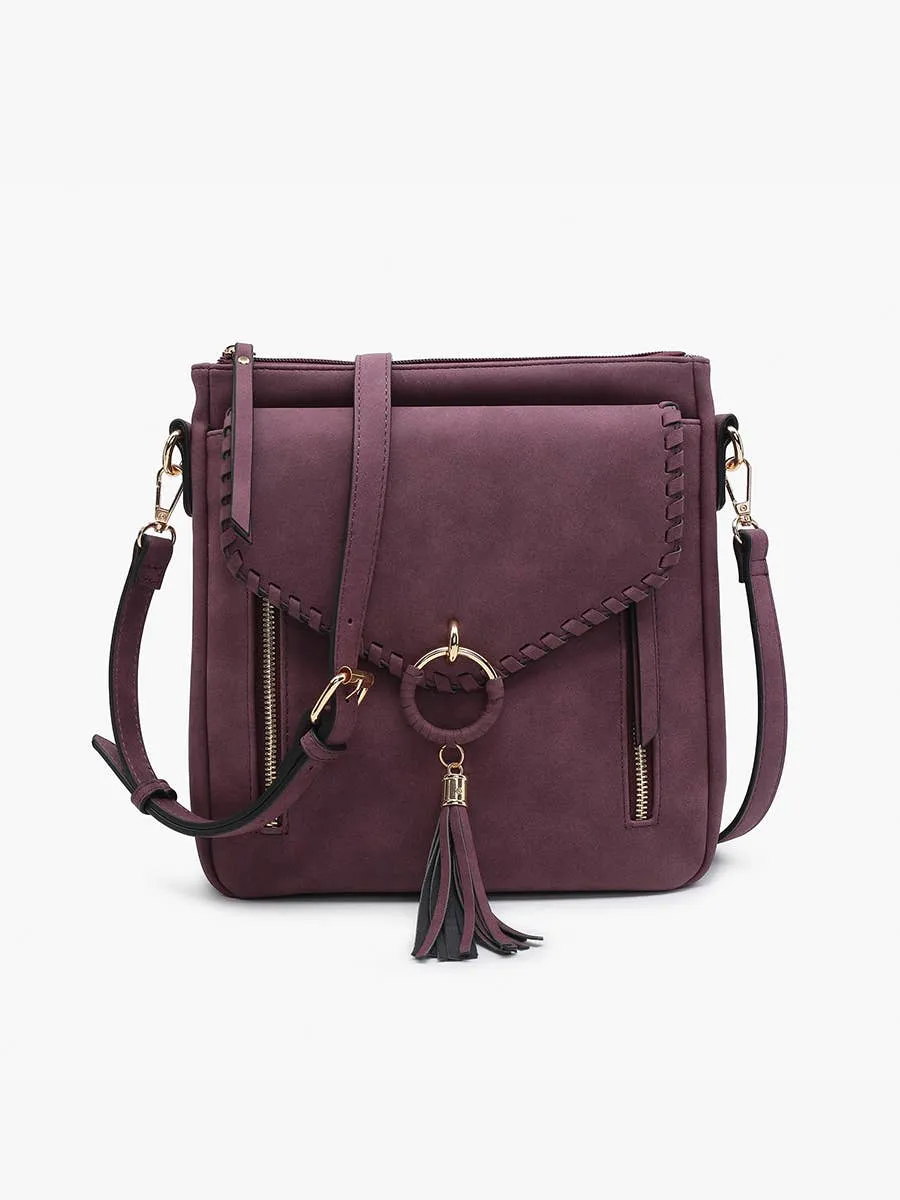 Jen & Co. - M2347 Layla Faux Suede Whipstitch Crossbody w/ Tassel: Charcoal ###