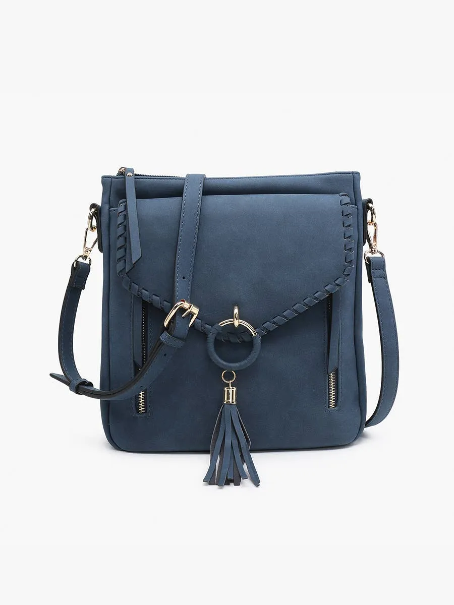 Jen & Co. - M2347 Layla Faux Suede Whipstitch Crossbody w/ Tassel: Charcoal ###