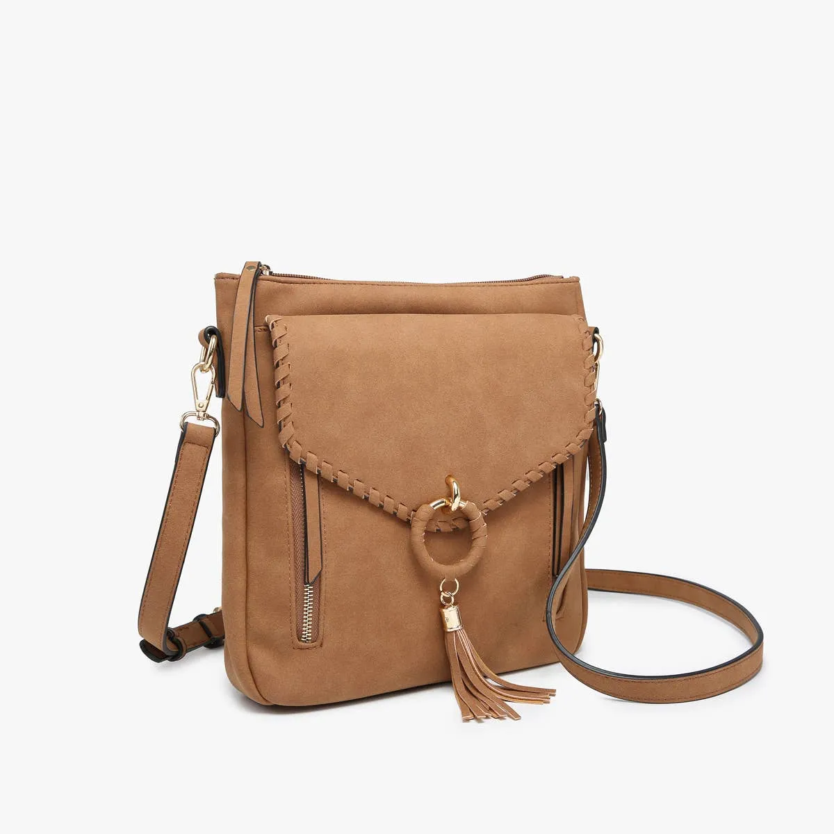 Jen & Co. - M2347 Layla Faux Suede Whipstitch Crossbody w/ Tassel: Charcoal ###