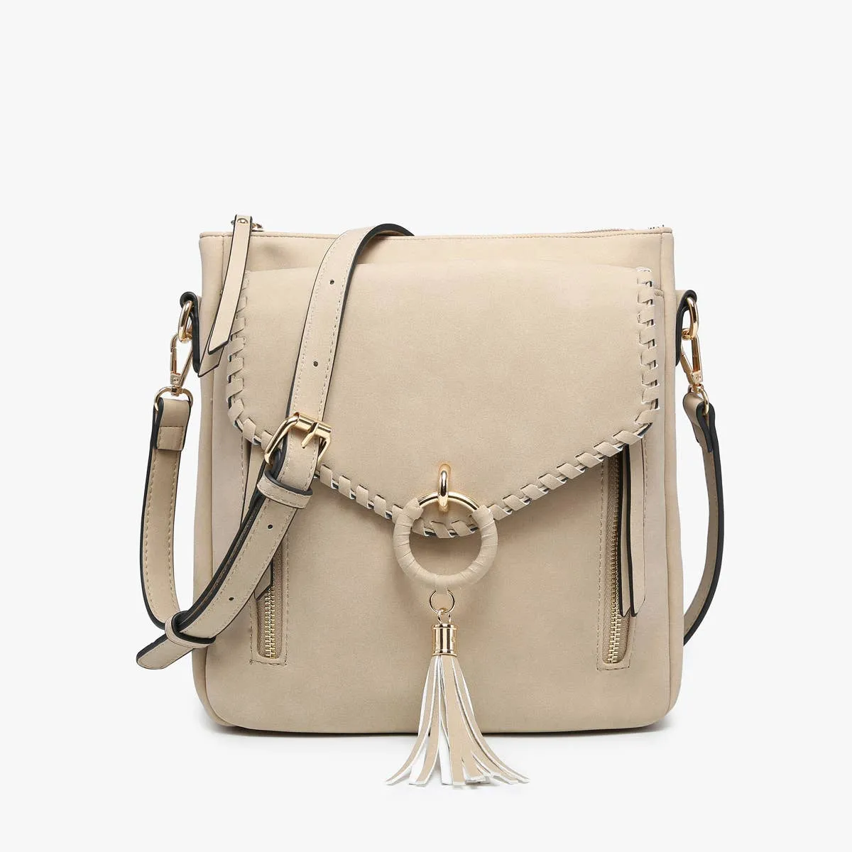 Jen & Co. - M2347 Layla Faux Suede Whipstitch Crossbody w/ Tassel: Charcoal ###