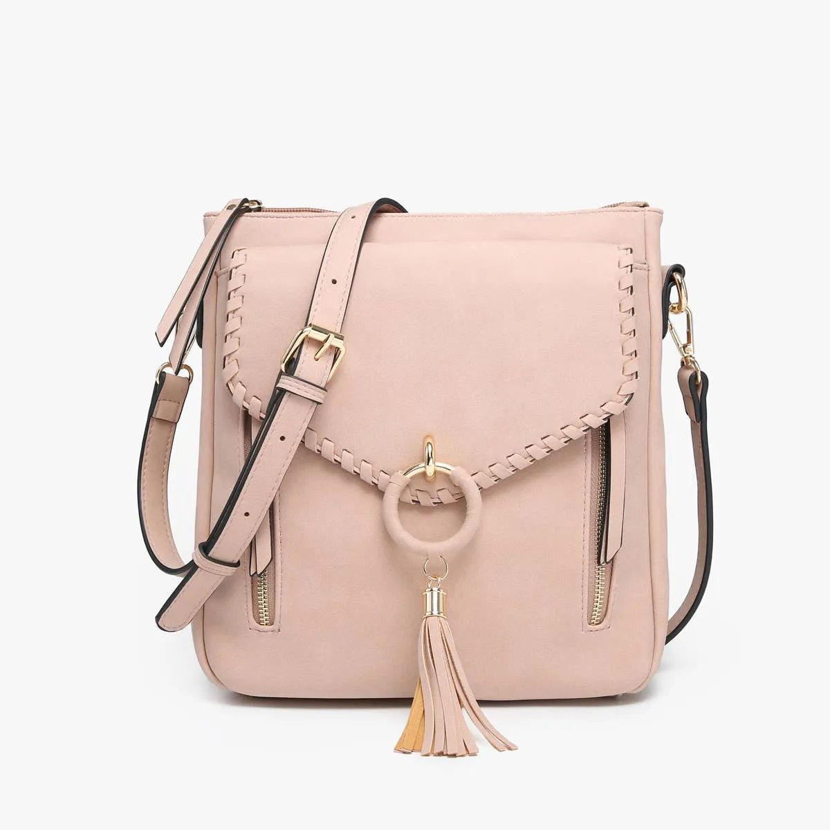 Jen & Co. - M2347 Layla Faux Suede Whipstitch Crossbody w/ Tassel: Charcoal ###