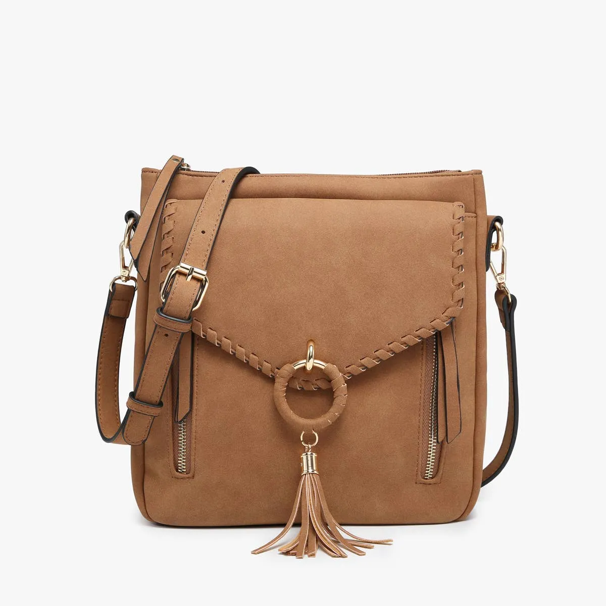 Jen & Co. - M2347 Layla Faux Suede Whipstitch Crossbody w/ Tassel: Charcoal ###