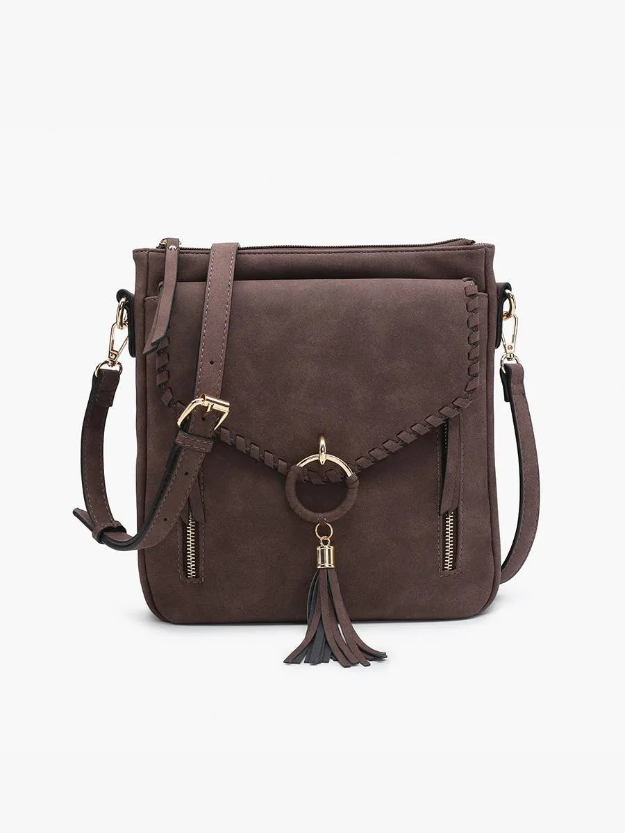 Jen & Co. - M2347 Layla Faux Suede Whipstitch Crossbody w/ Tassel: Charcoal ###