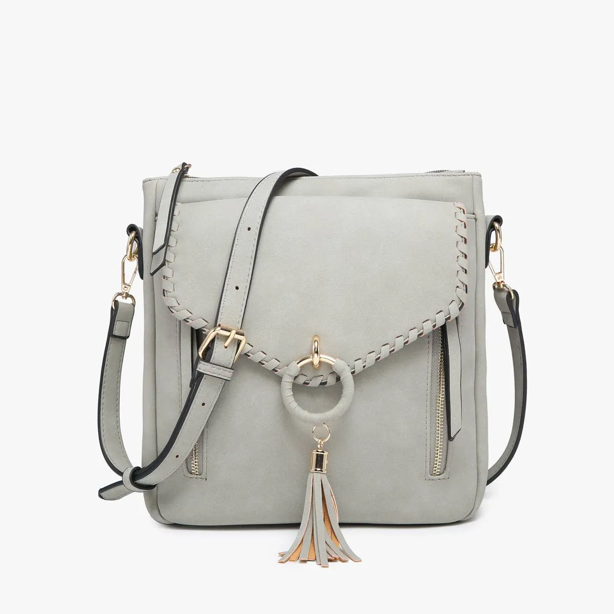 Jen & Co. - M2347 Layla Faux Suede Whipstitch Crossbody w/ Tassel: Charcoal ###