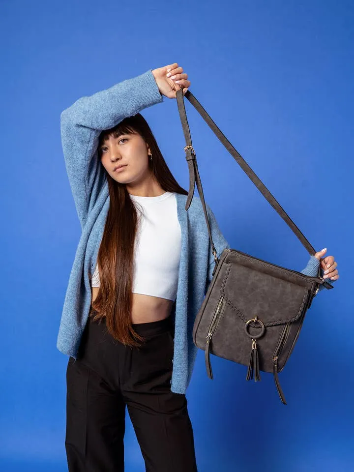 Jen & Co. - M2347 Layla Faux Suede Whipstitch Crossbody w/ Tassel: Charcoal ###
