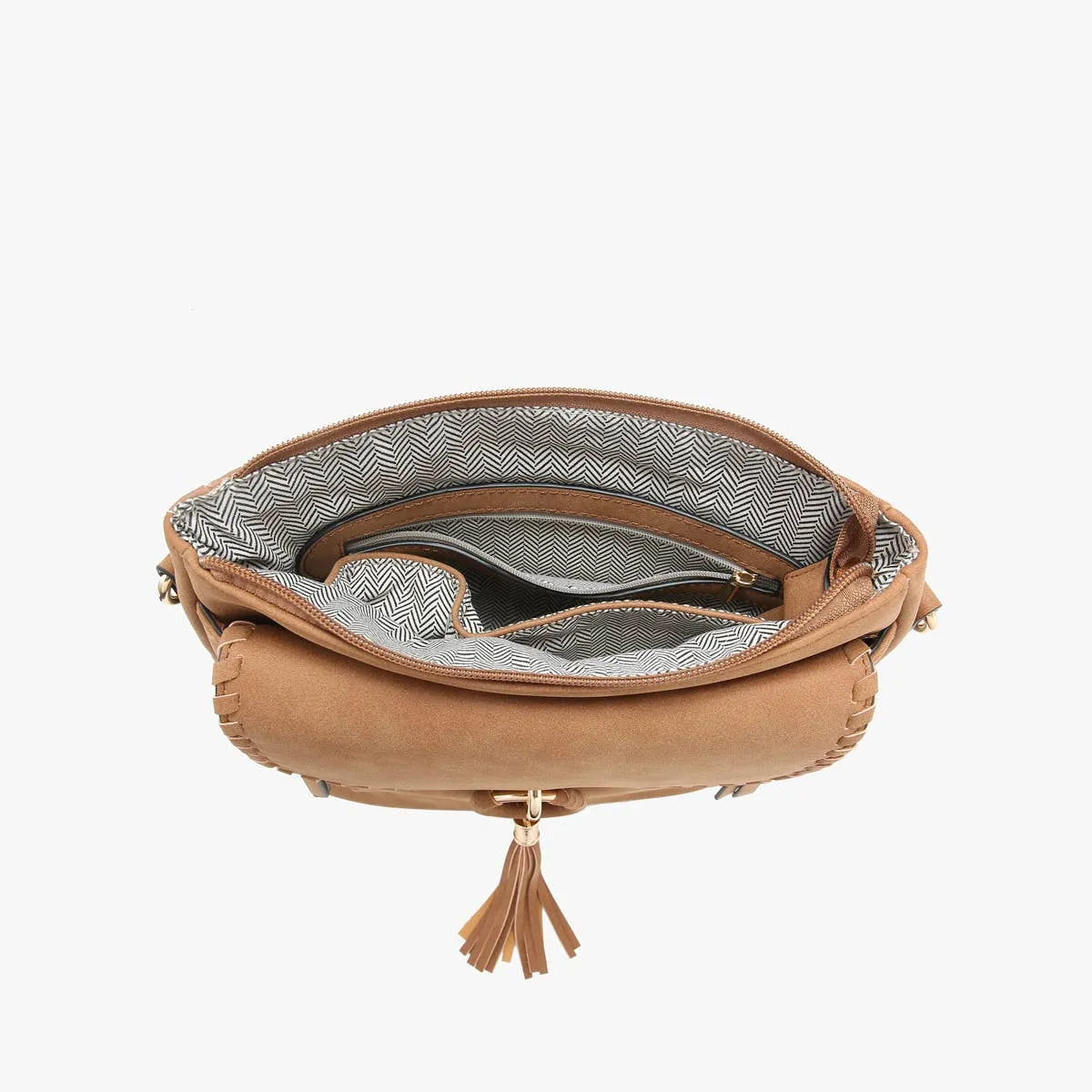 Jen & Co. - M2347 Layla Faux Suede Whipstitch Crossbody w/ Tassel: Charcoal ###