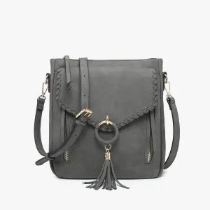Jen & Co. - M2347 Layla Faux Suede Whipstitch Crossbody w/ Tassel: Charcoal ###