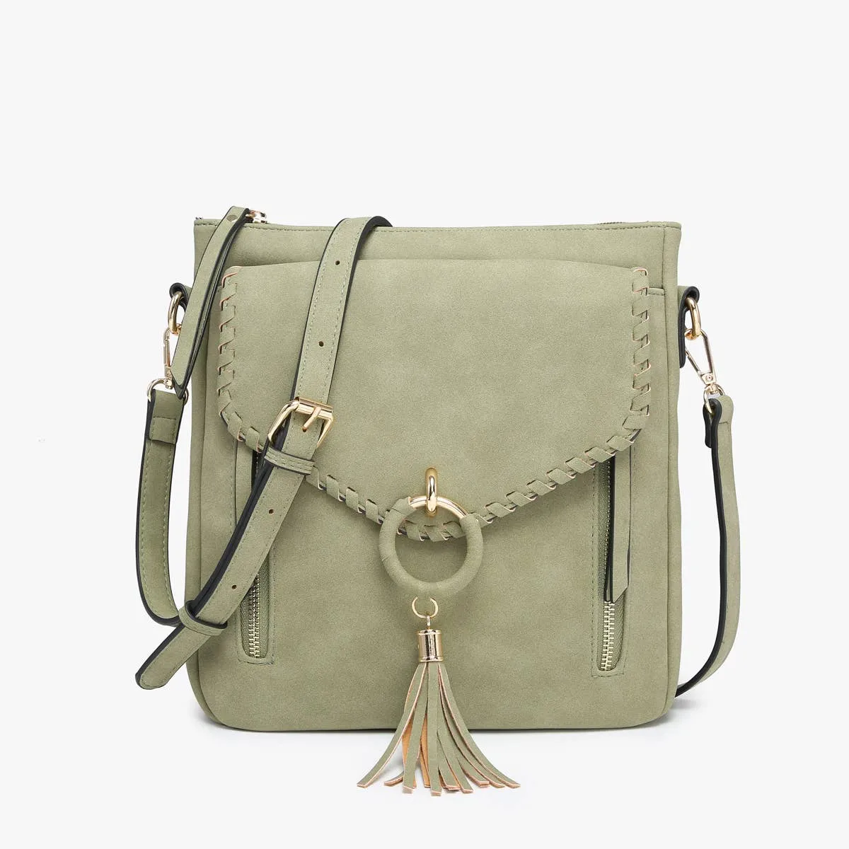 Jen & Co. - M2347 Layla Faux Suede Whipstitch Crossbody w/ Tassel: Charcoal ###