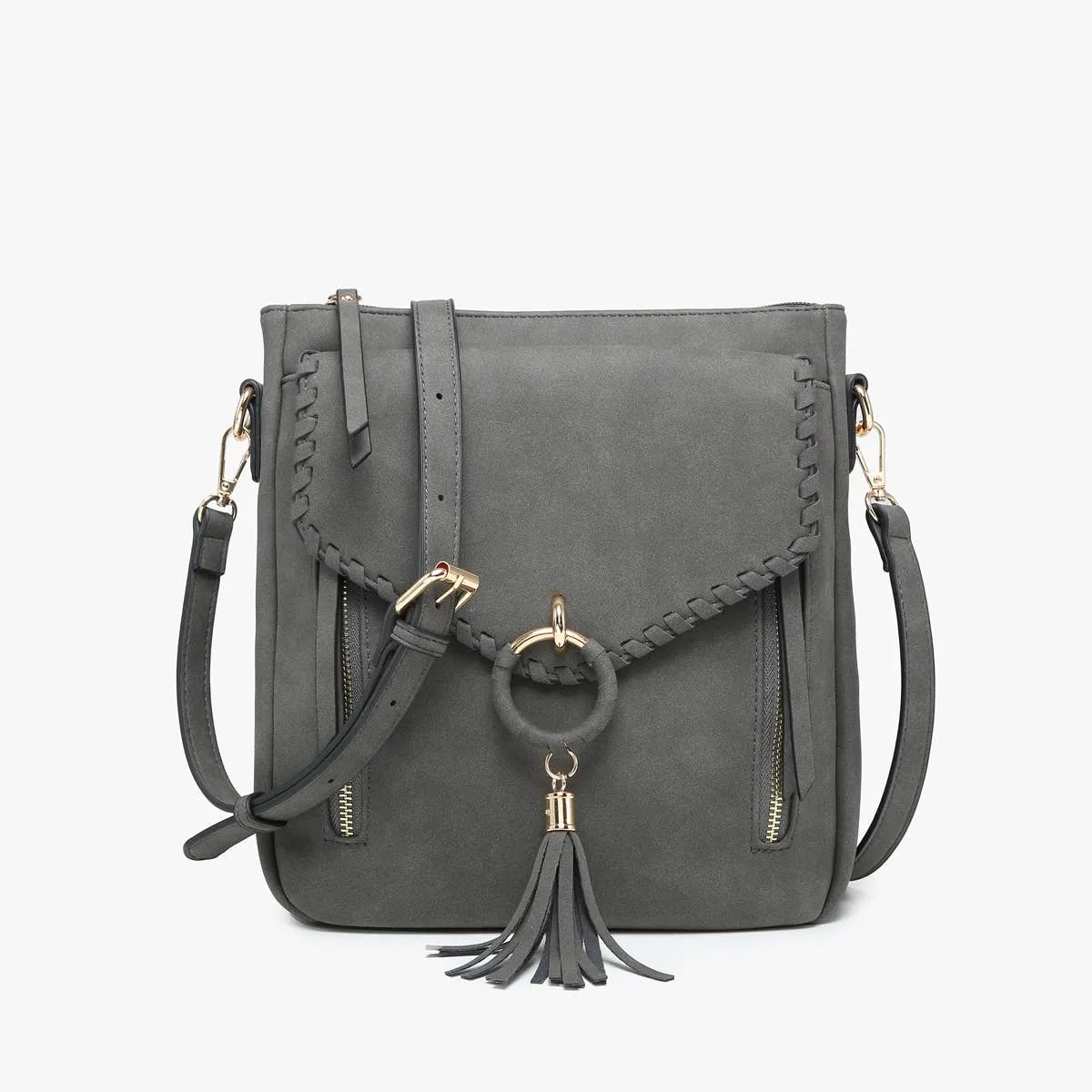 Jen & Co. - M2347 Layla Faux Suede Whipstitch Crossbody w/ Tassel: Charcoal ###