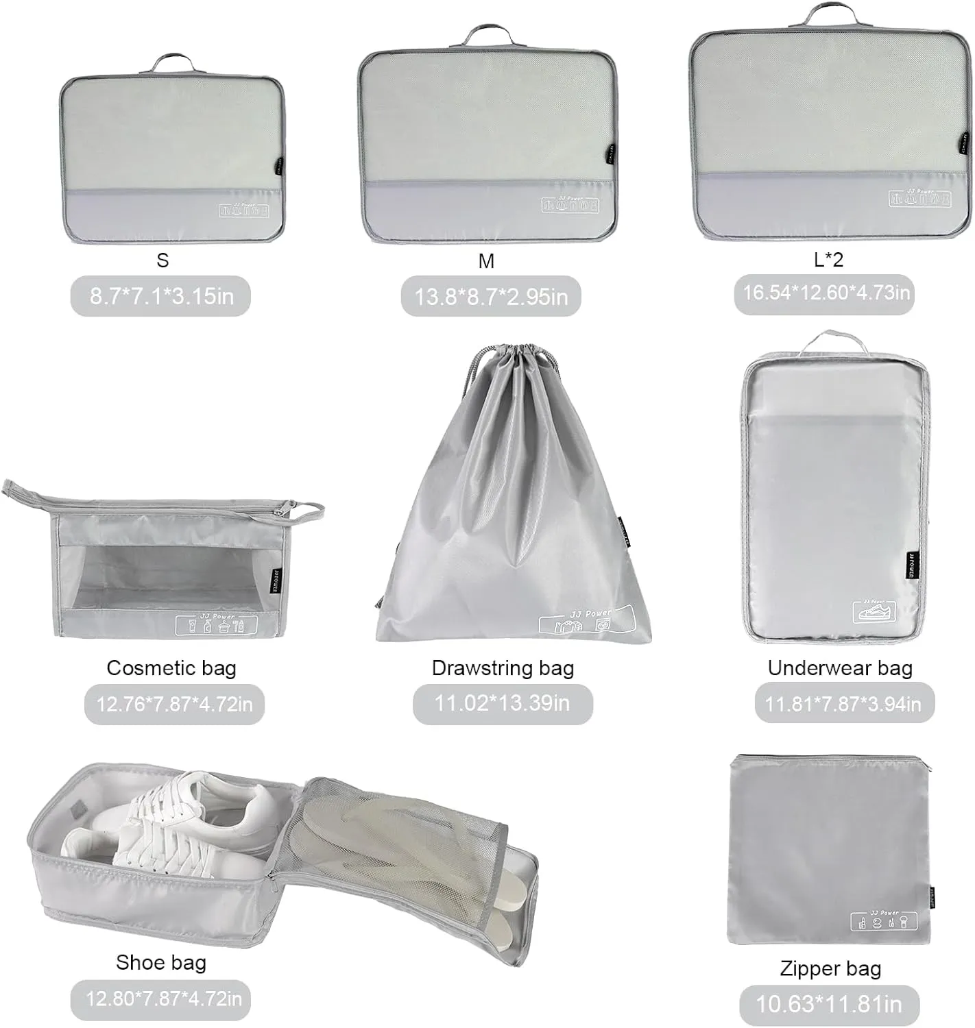 JJ Power 9 Set Packing Cubes for Suitcases, Travel Essentials for Carry on, Luggage Organizer Bags All Included(Grey)