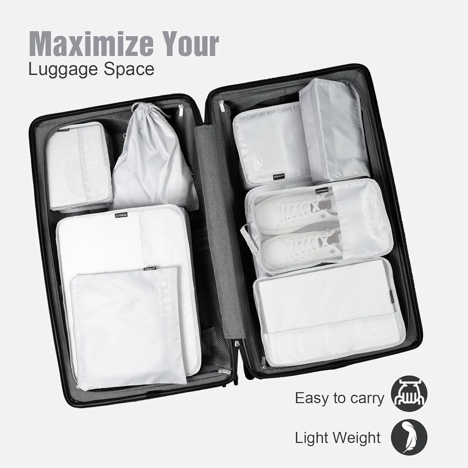 JJ Power 9 Set Packing Cubes for Suitcases, Travel Essentials for Carry on, Luggage Organizer Bags All Included(Grey)