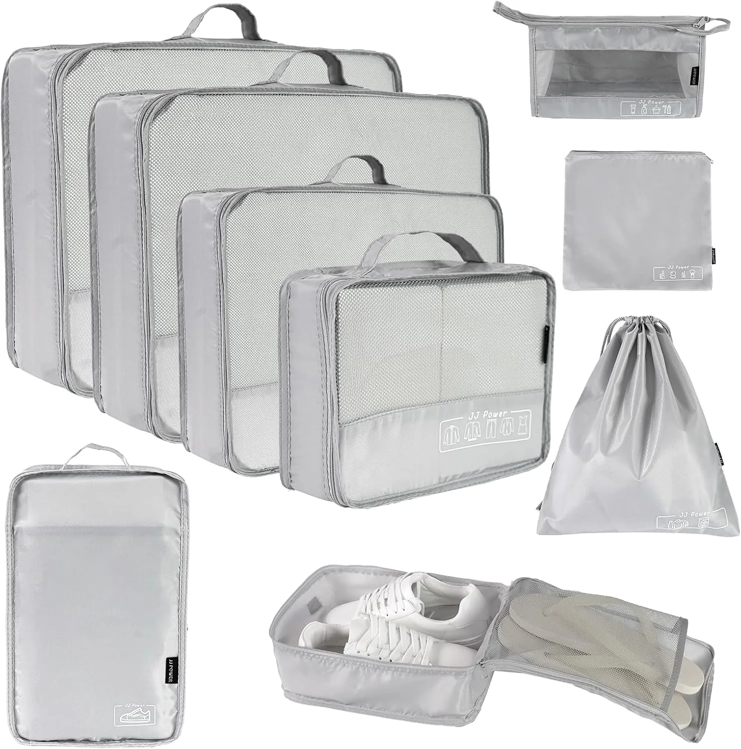 JJ Power 9 Set Packing Cubes for Suitcases, Travel Essentials for Carry on, Luggage Organizer Bags All Included(Grey)
