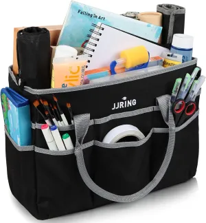 JJRING Large Multi-Functional Carrying Bag, 600D Nylon Artist Tote Bag with 16 Pockets Caddy for Art, Craft, Sewing, Make-up or School, Medical, Office Supplies Organizer, Silver