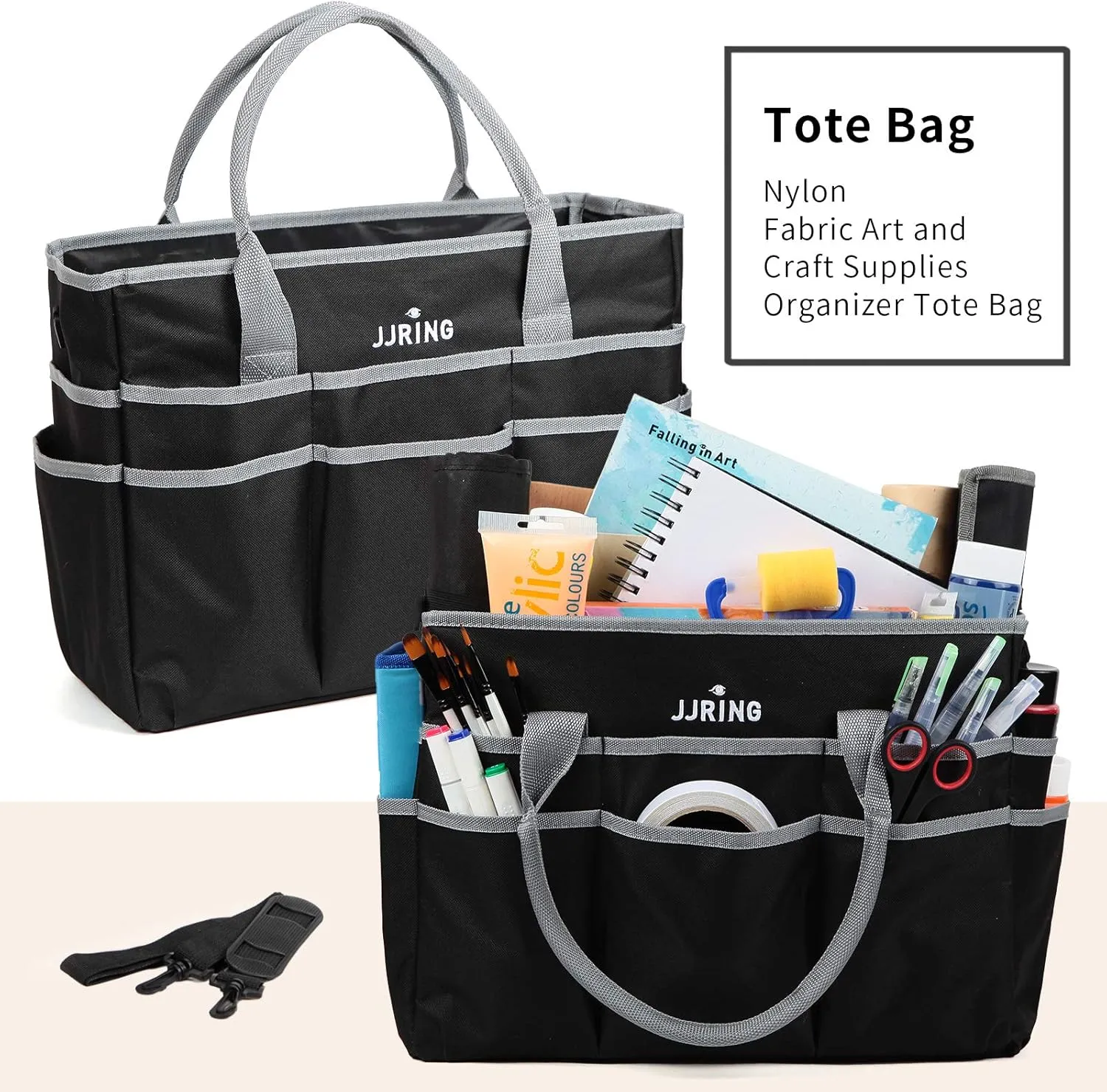 JJRING Large Multi-Functional Carrying Bag, 600D Nylon Artist Tote Bag with 16 Pockets Caddy for Art, Craft, Sewing, Make-up or School, Medical, Office Supplies Organizer, Silver