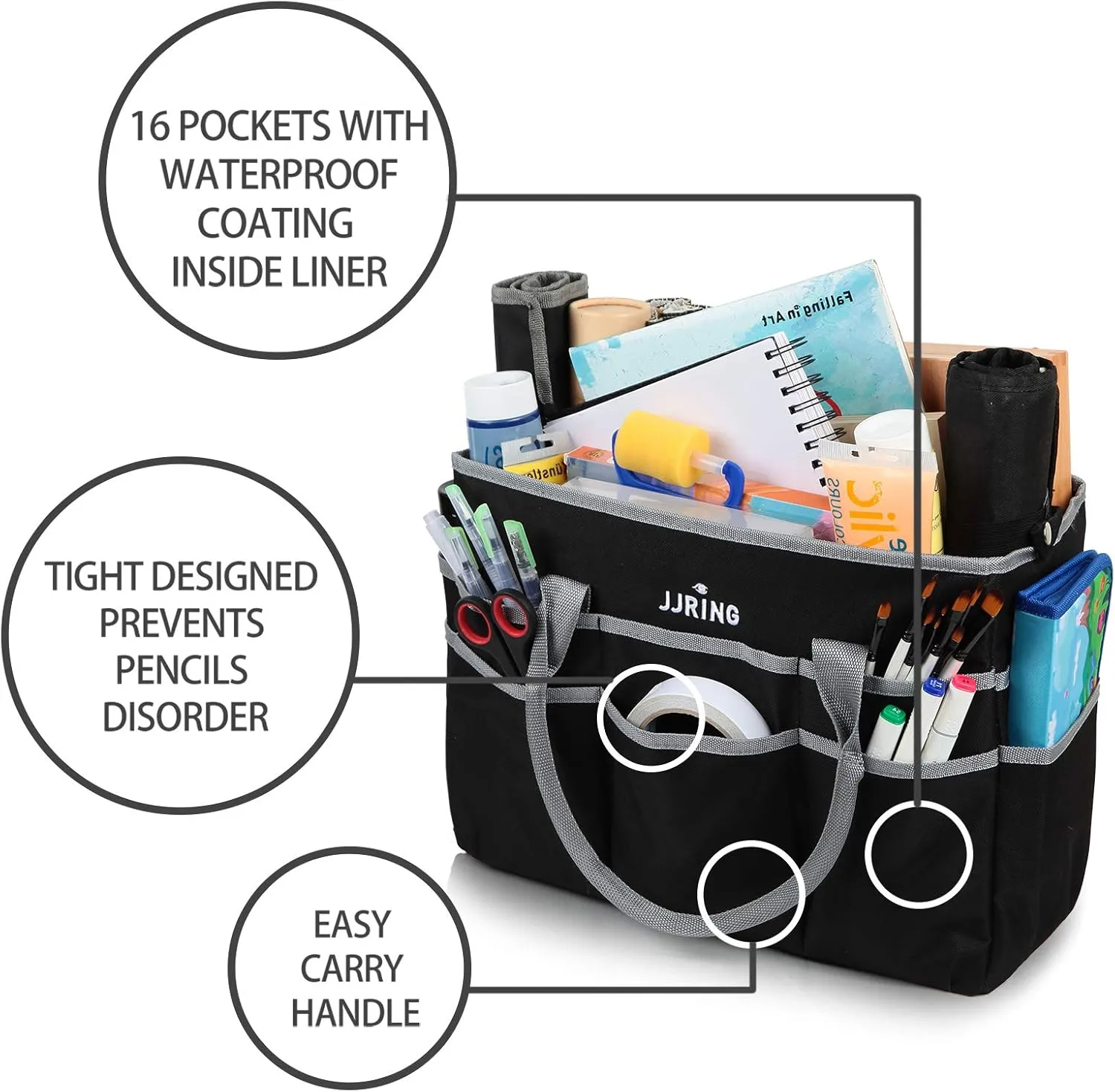 JJRING Large Multi-Functional Carrying Bag, 600D Nylon Artist Tote Bag with 16 Pockets Caddy for Art, Craft, Sewing, Make-up or School, Medical, Office Supplies Organizer, Silver