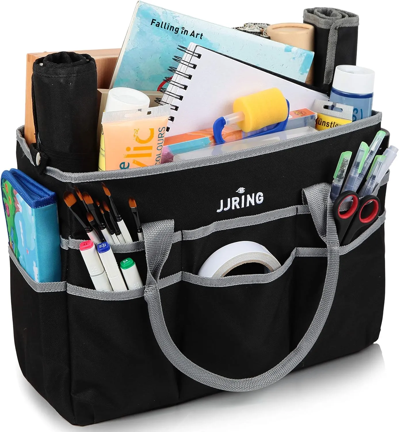 JJRING Large Multi-Functional Carrying Bag, 600D Nylon Artist Tote Bag with 16 Pockets Caddy for Art, Craft, Sewing, Make-up or School, Medical, Office Supplies Organizer, Silver