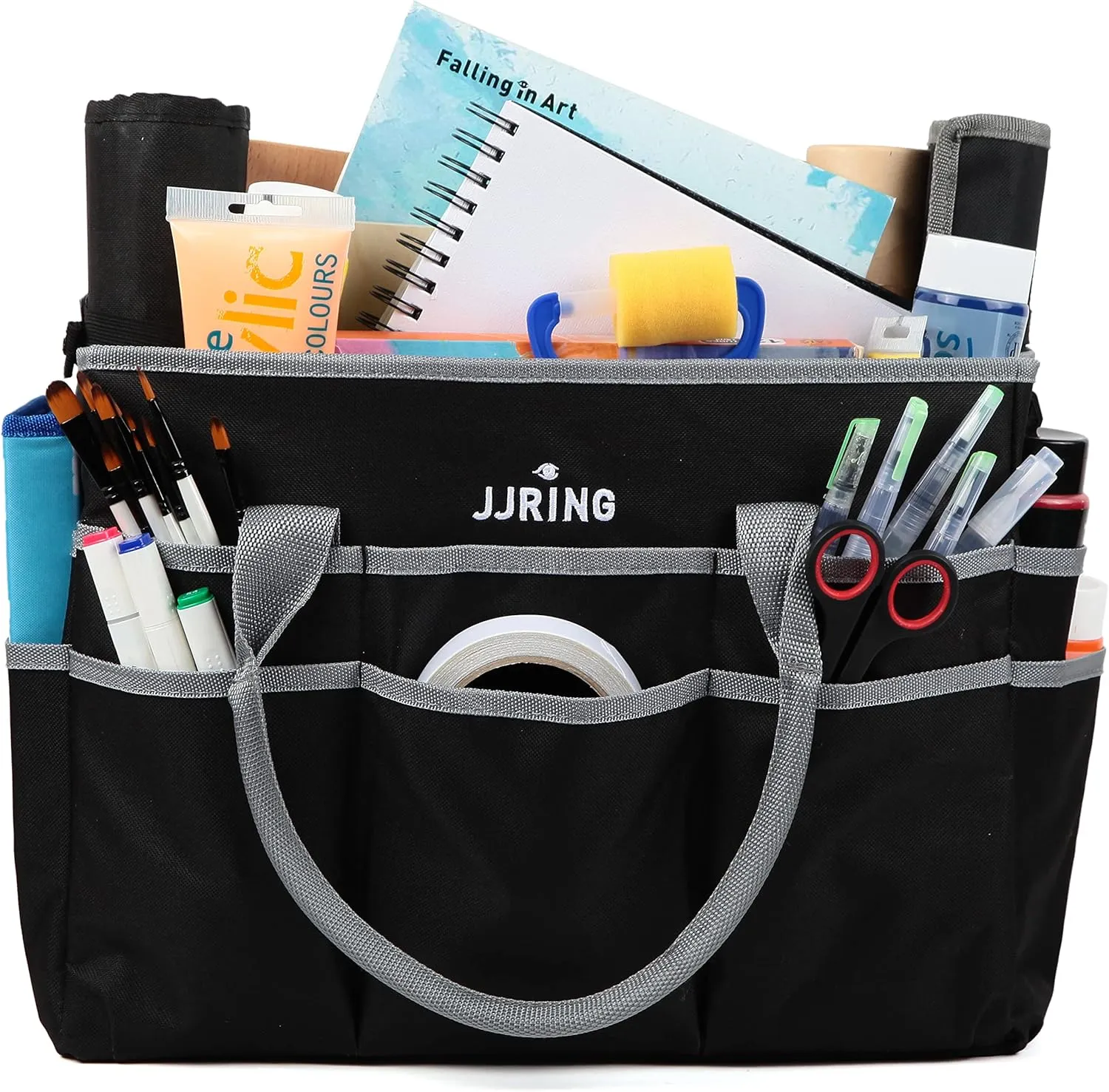 JJRING Large Multi-Functional Carrying Bag, 600D Nylon Artist Tote Bag with 16 Pockets Caddy for Art, Craft, Sewing, Make-up or School, Medical, Office Supplies Organizer, Silver