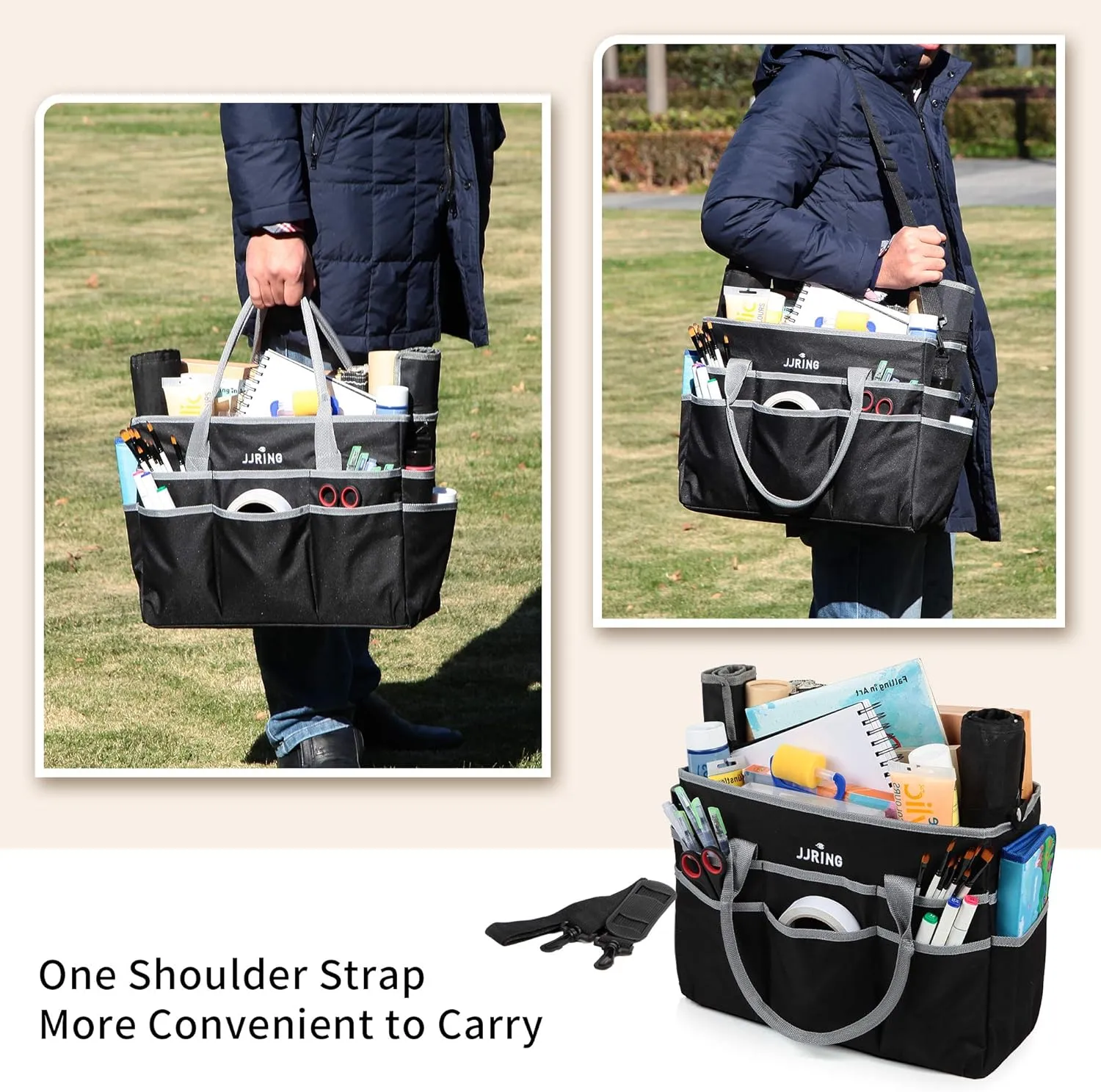 JJRING Large Multi-Functional Carrying Bag, 600D Nylon Artist Tote Bag with 16 Pockets Caddy for Art, Craft, Sewing, Make-up or School, Medical, Office Supplies Organizer, Silver