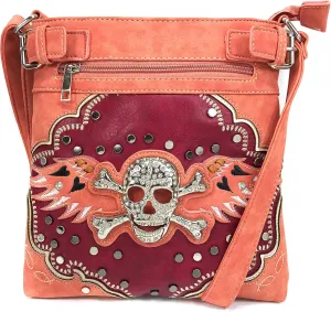 Justin West Women's Rhinestone Skull Crossbones with Angel Wings Shoulder Handbag