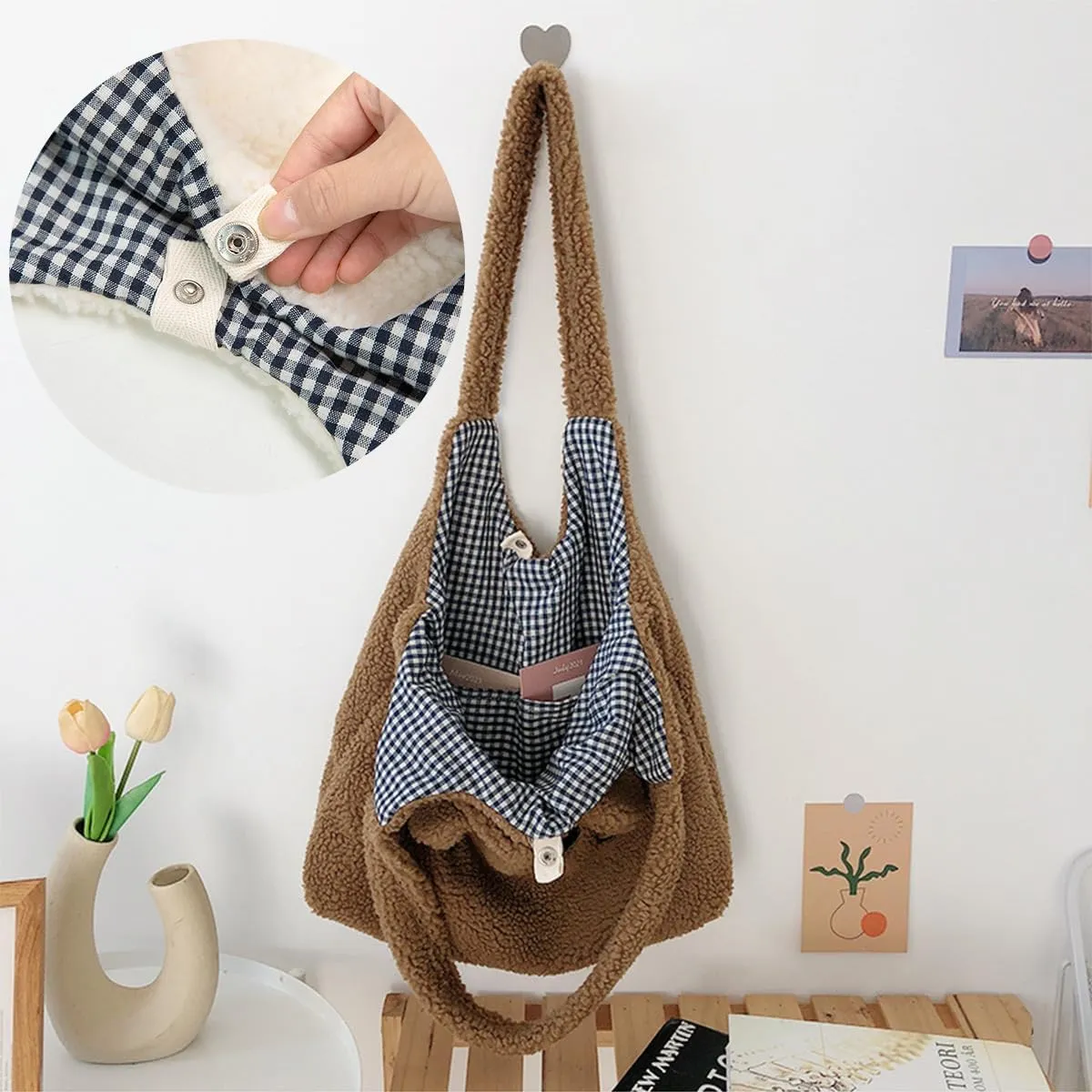 Kawaii Fluffy Furry Tote Bag Purse Y2K Accessories, Casual Fuzzy Cartoon Bear Plush Shoulder Bag for Women Girls