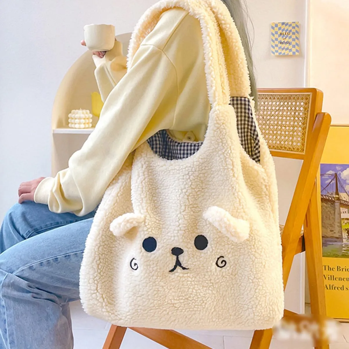 Kawaii Fluffy Furry Tote Bag Purse Y2K Accessories, Casual Fuzzy Cartoon Bear Plush Shoulder Bag for Women Girls