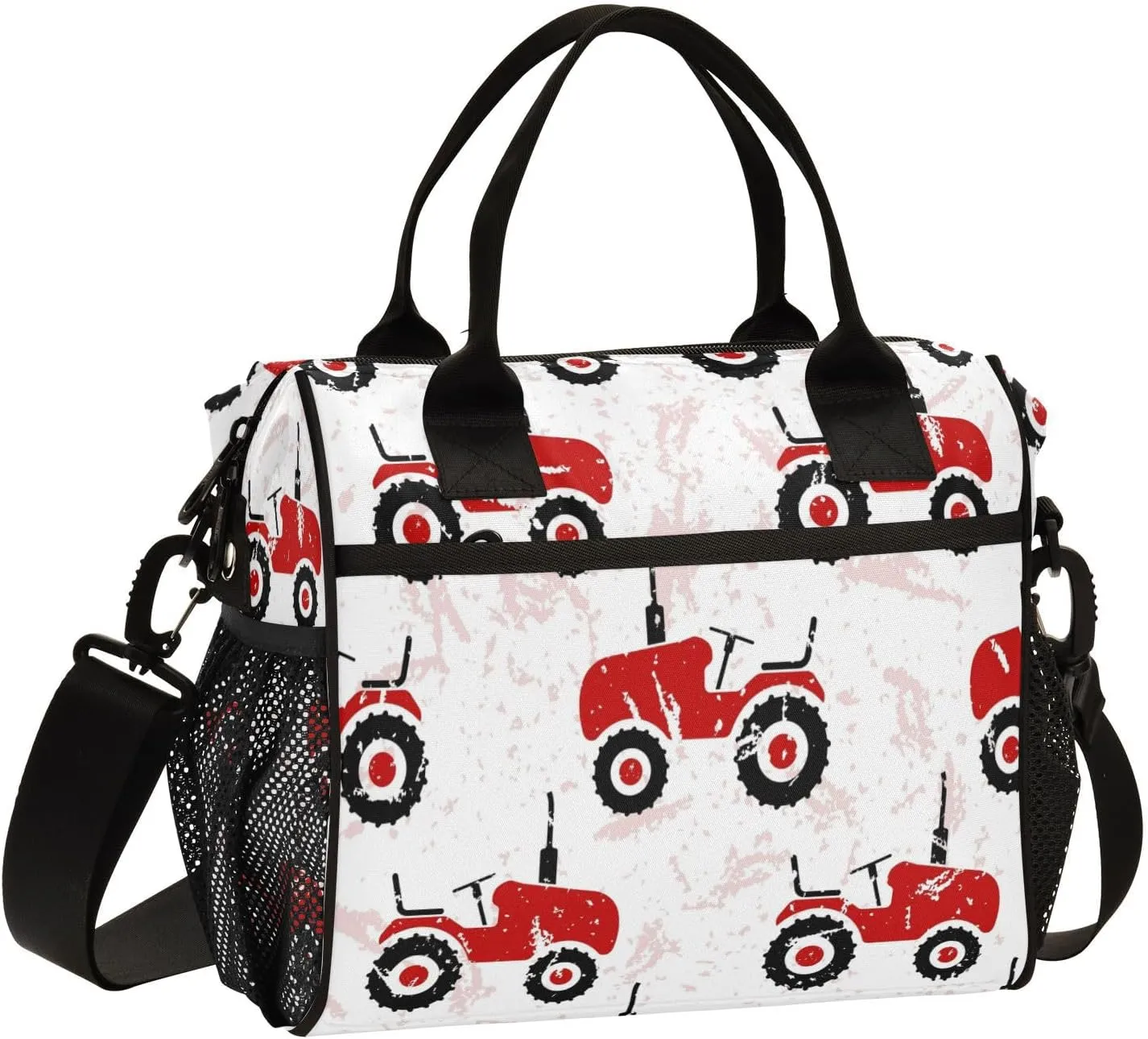Kcldeci Lunch Bag for Men Women Lunch Box Tote for Work,Red Old Wheeled Tractors Lunchbox Cooler for Kids with Shoulder Strap & Side Pocket for Picnic Hiking Outdoor