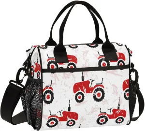 Kcldeci Lunch Bag for Men Women Lunch Box Tote for Work,Red Old Wheeled Tractors Lunchbox Cooler for Kids with Shoulder Strap & Side Pocket for Picnic Hiking Outdoor
