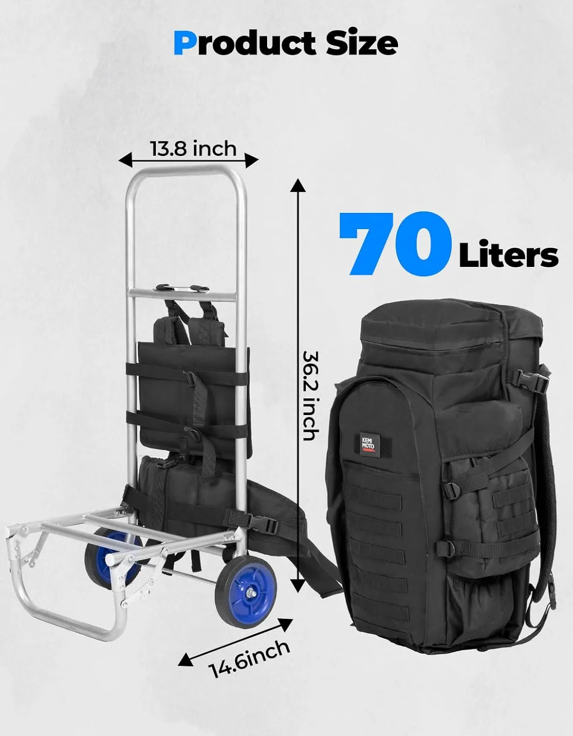 KEMIMOTO External Frame Backpacks for Hiking and Hunting, 70L Large Capacity Travel Bag with Removable Wheeled External Frame, Multifunctional Multi-pocket Camping & Traveling Gear (Black)