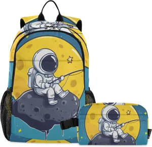 Kids Backpack Astronaut Fishing in Space Boys Girls School Backpack with Lunch Bag Bookbag Set