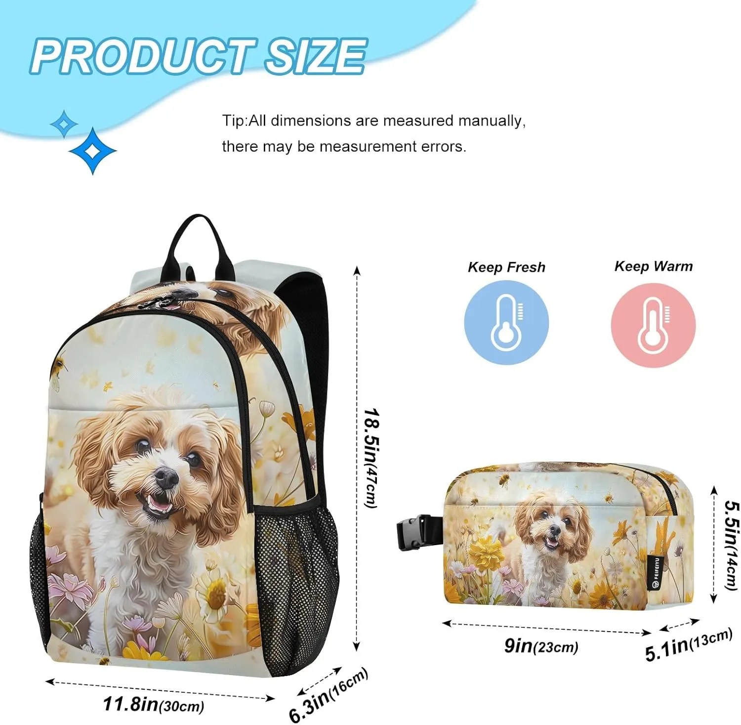Kids Backpack Cockapoo Dog Standing in The Flowers Boys Girls School Backpack with Lunch Bag Bookbag Set