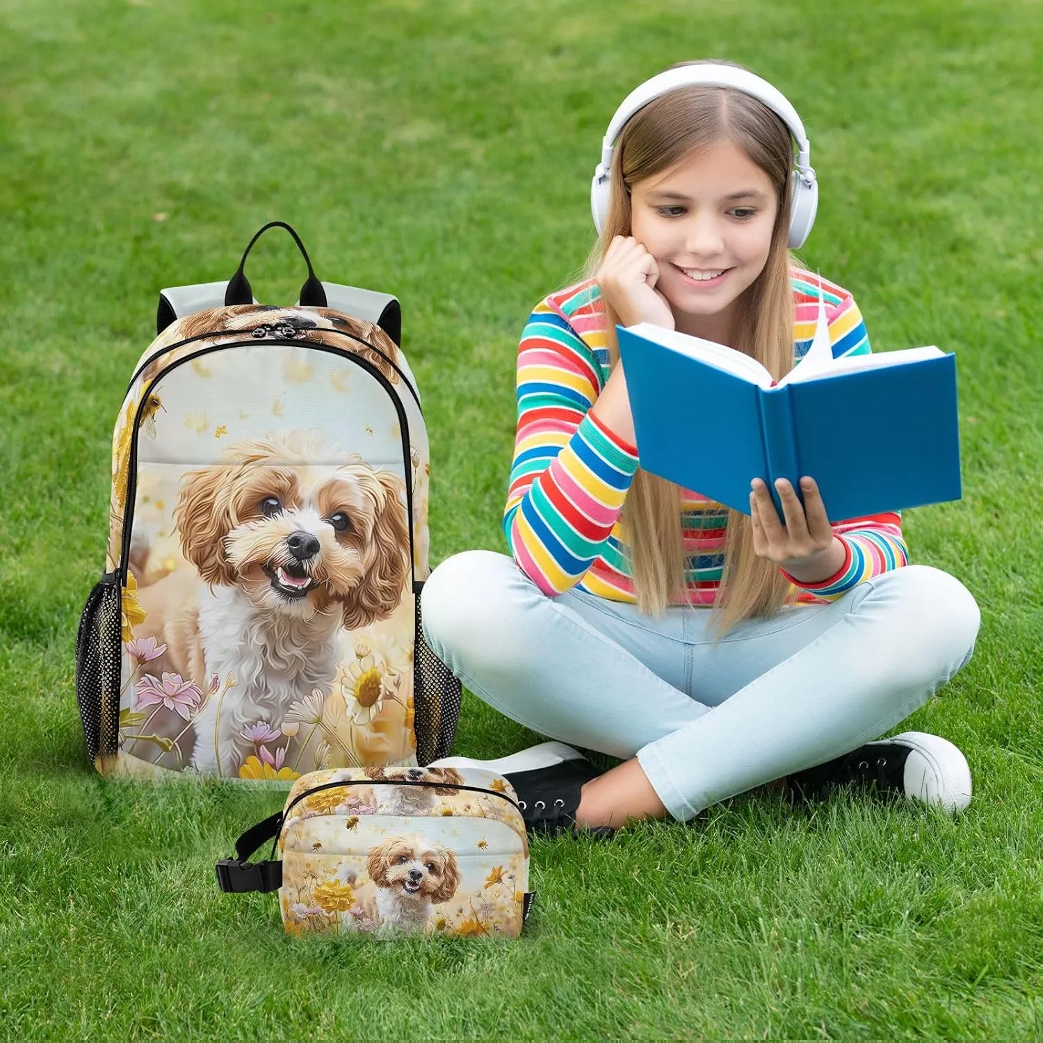Kids Backpack Cockapoo Dog Standing in The Flowers Boys Girls School Backpack with Lunch Bag Bookbag Set