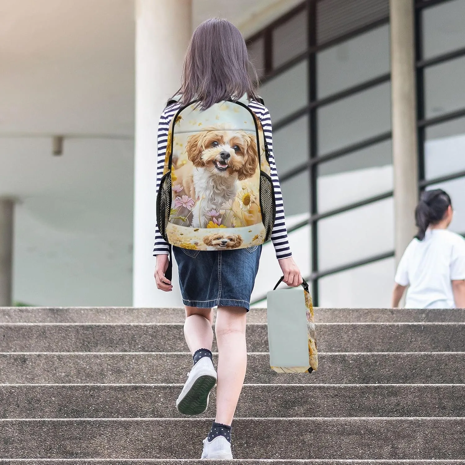 Kids Backpack Cockapoo Dog Standing in The Flowers Boys Girls School Backpack with Lunch Bag Bookbag Set