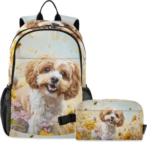 Kids Backpack Cockapoo Dog Standing in The Flowers Boys Girls School Backpack with Lunch Bag Bookbag Set