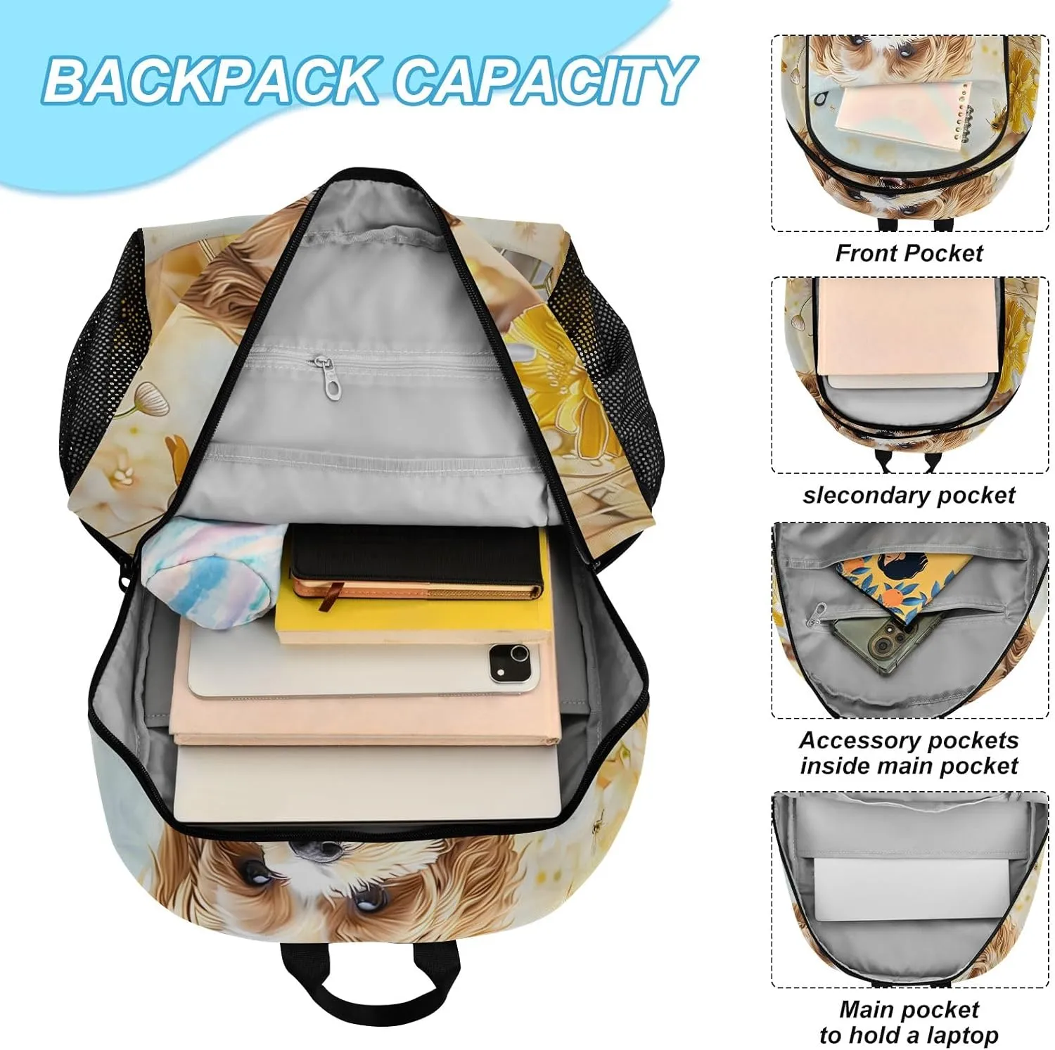 Kids Backpack Cockapoo Dog Standing in The Flowers Boys Girls School Backpack with Lunch Bag Bookbag Set