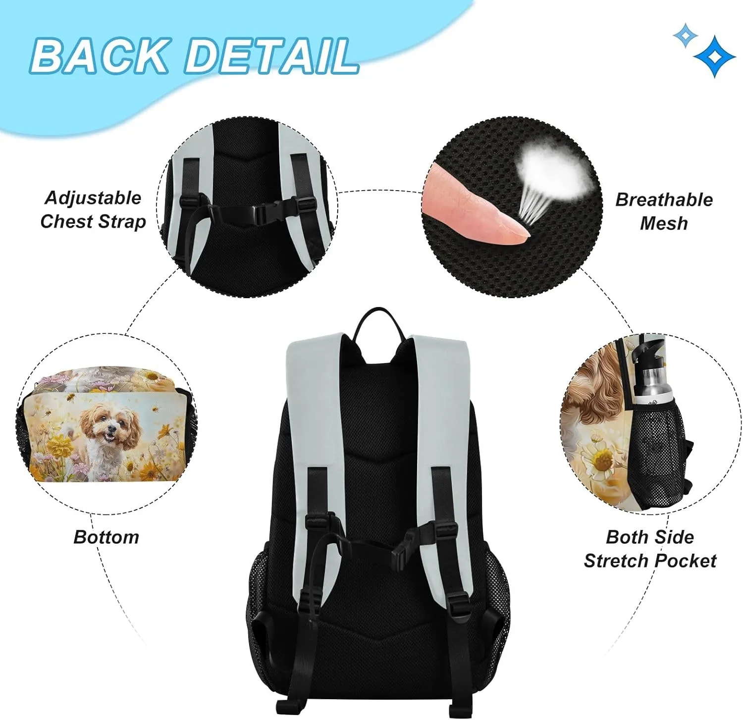 Kids Backpack Cockapoo Dog Standing in The Flowers Boys Girls School Backpack with Lunch Bag Bookbag Set