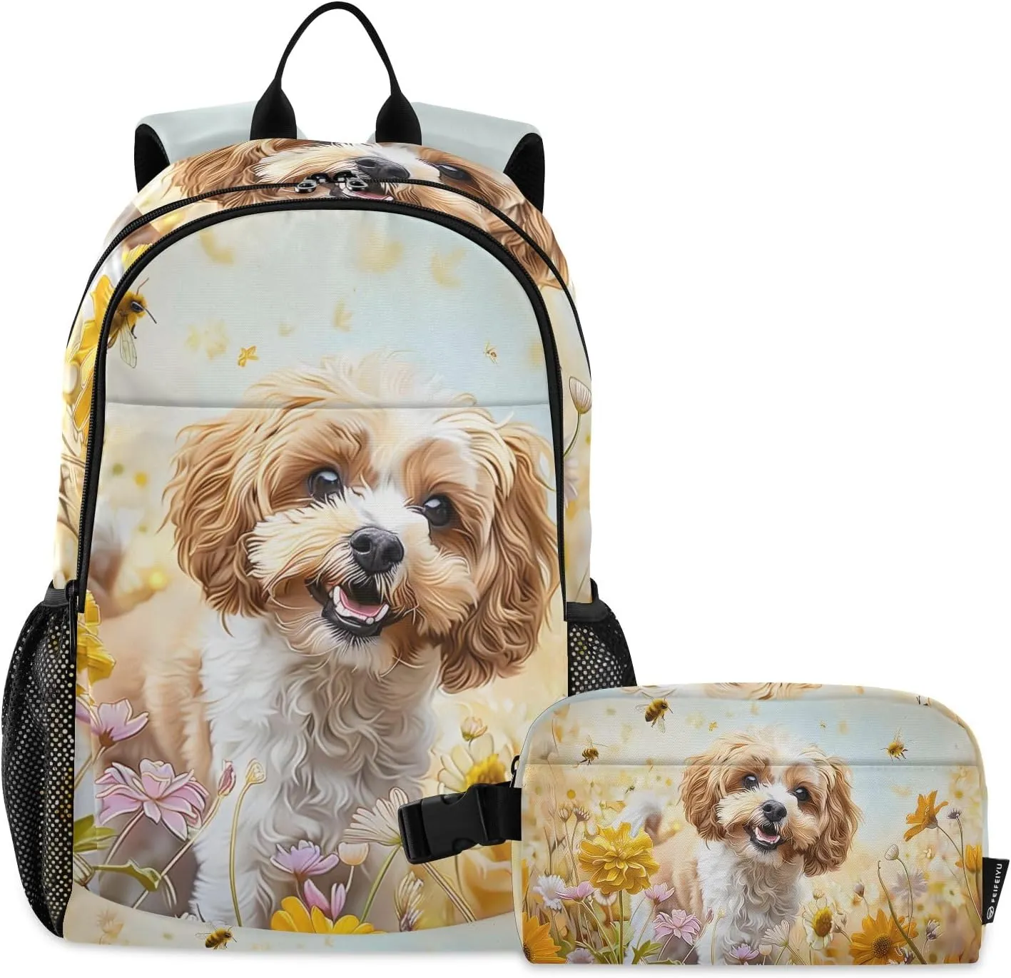 Kids Backpack Cockapoo Dog Standing in The Flowers Boys Girls School Backpack with Lunch Bag Bookbag Set