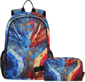 Kids Backpack Colored Glass Dual Color Dragon Boys Girls School Backpack with Lunch Bag Bookbag Set