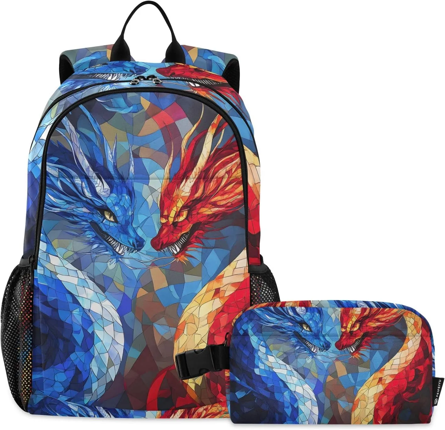 Kids Backpack Colored Glass Dual Color Dragon Boys Girls School Backpack with Lunch Bag Bookbag Set